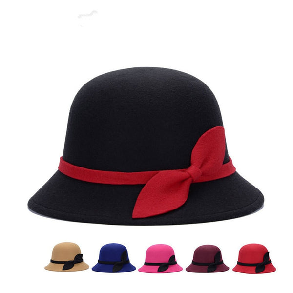 women hat bowknot Fedoras cap Basin of dome woolen cloth hat