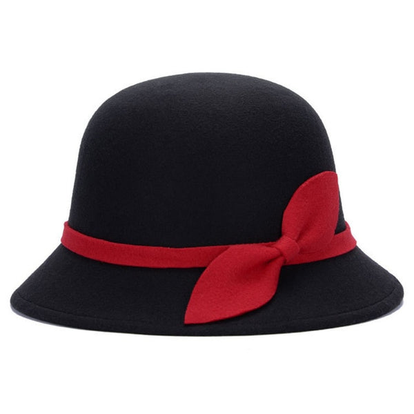 women hat bowknot Fedoras cap Basin of dome woolen cloth hat