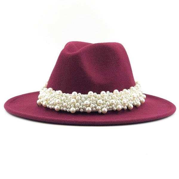 New Women Wool Fedora Hat With Pearl Ribbon Elegant Lady