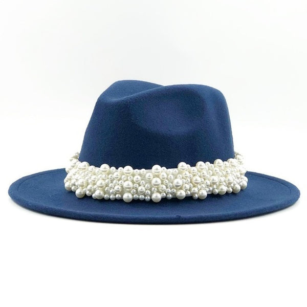 New Women Wool Fedora Hat With Pearl Ribbon Elegant Lady