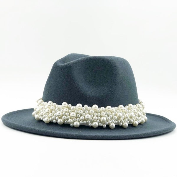 New Women Wool Fedora Hat With Pearl Ribbon Elegant Lady