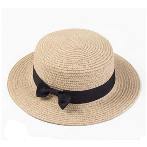 Classic Bowknot Straw Flat Sun Hat Women Fedora