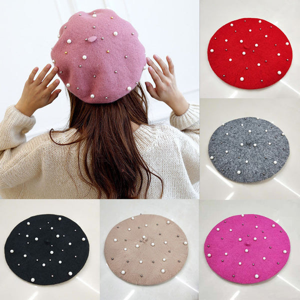Vintage Wool Knittd Women French Pearl Beret Hats Ski Caps Warm Winter