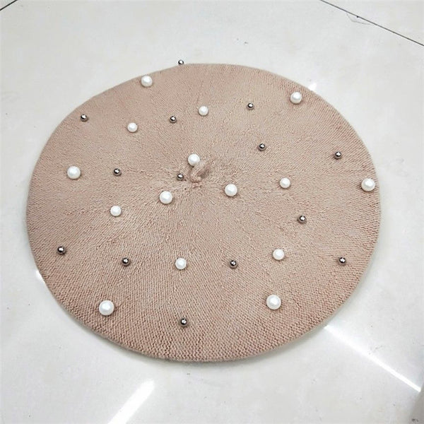 Vintage Wool Knittd Women French Pearl Beret Hats Ski Caps Warm Winter
