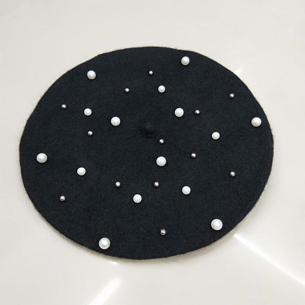 Vintage Wool Knittd Women French Pearl Beret Hats Ski Caps Warm Winter