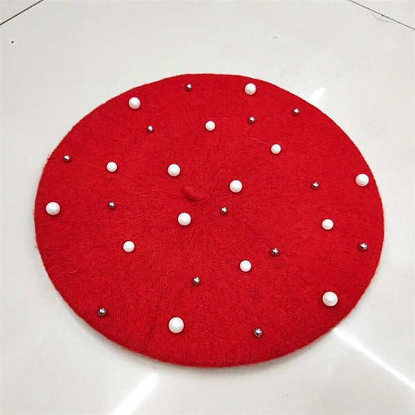 Vintage Wool Knittd Women French Pearl Beret Hats Ski Caps Warm Winter