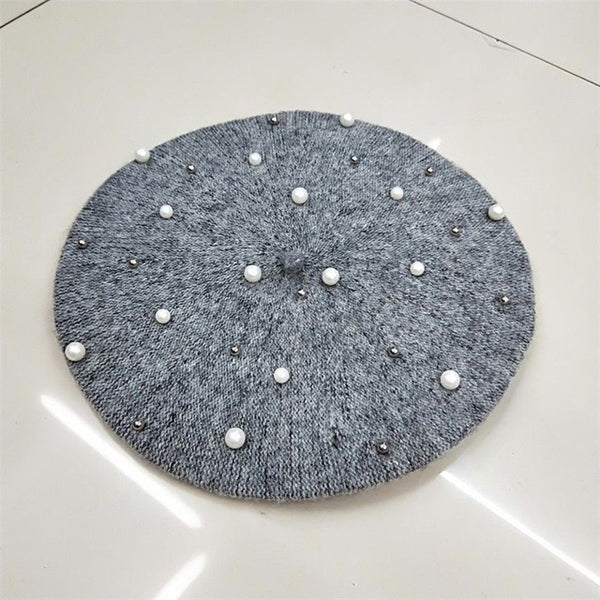 Vintage Wool Knittd Women French Pearl Beret Hats Ski Caps Warm Winter