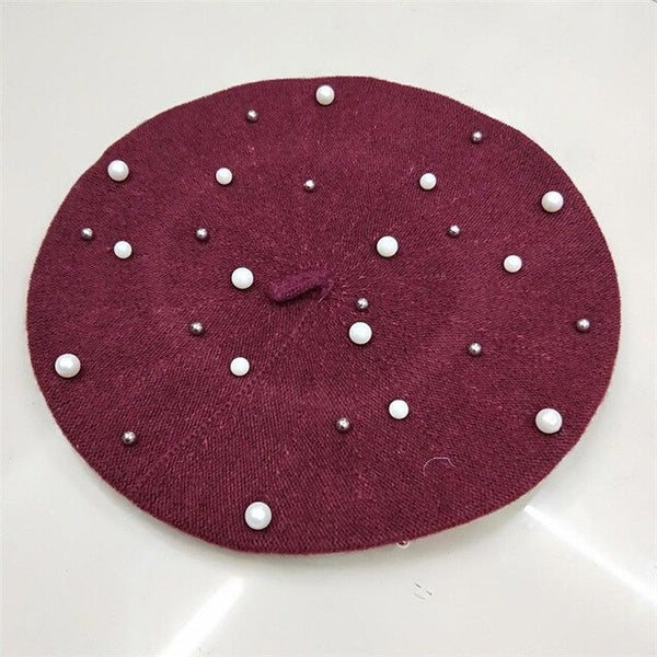 Vintage Wool Knittd Women French Pearl Beret Hats Ski Caps Warm Winter