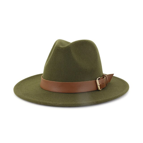 Fashion Men Women Wide Brim Wool Fedora Hat with Belt Buckl