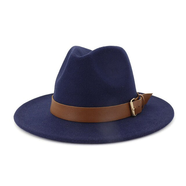 Fashion Men Women Wide Brim Wool Fedora Hat with Belt Buckl