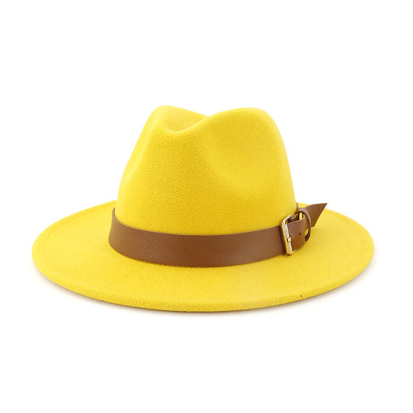 Fashion Men Women Wide Brim Wool Fedora Hat with Belt Buckl