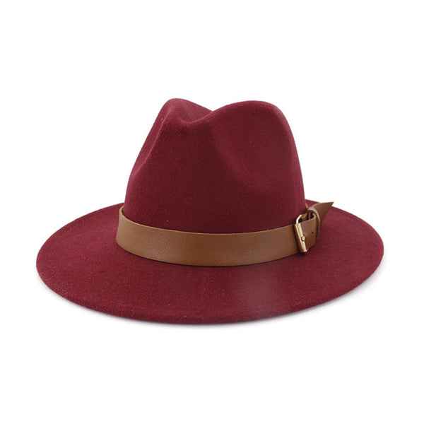 Fashion Men Women Wide Brim Wool Fedora Hat with Belt Buckl