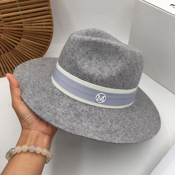 white light purple ribbon double black metal logo jazz hat