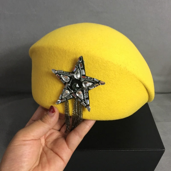 Women Unisex Wool Felt Fedora Yellow Beret Hat Pillbox