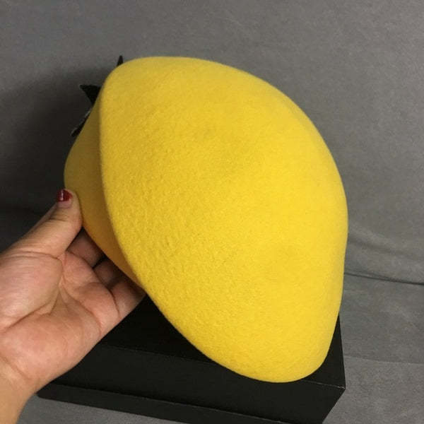 Women Unisex Wool Felt Fedora Yellow Beret Hat Pillbox