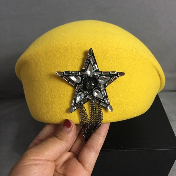 Women Unisex Wool Felt Fedora Yellow Beret Hat Pillbox