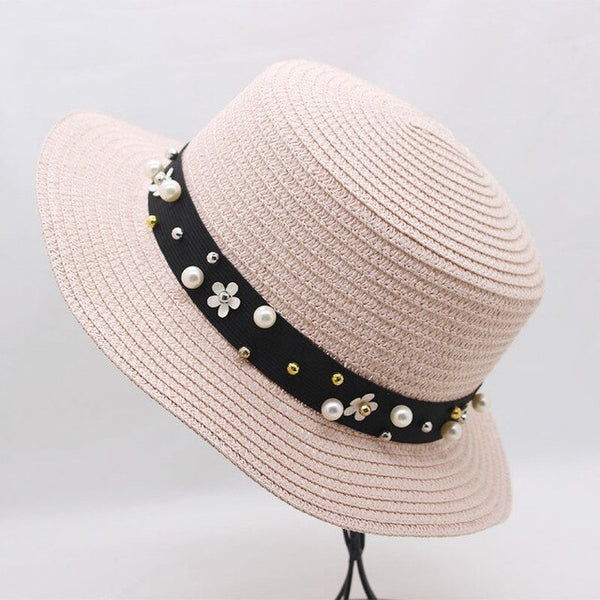 Elegant Pearl Sun Hat Wide Brim Summer Fedora Straw
