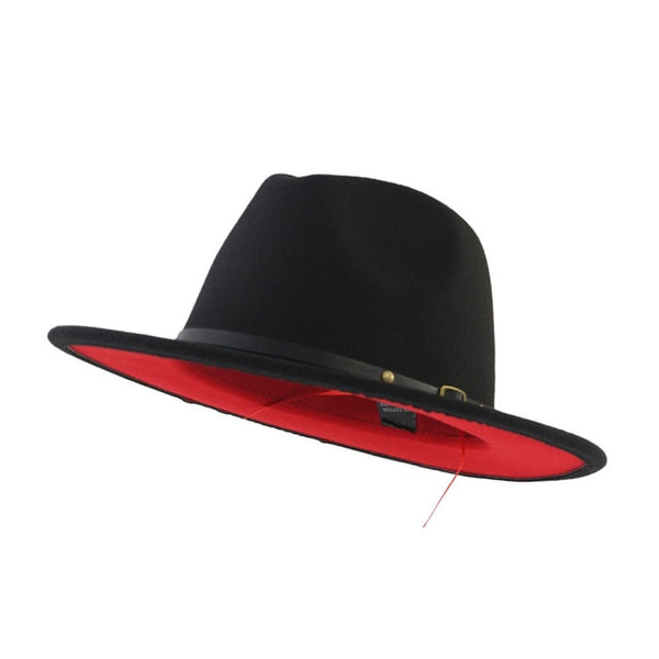 Unisex Flat Brim Wool Felt Fedora Hats with Belt Red Black Patchwork