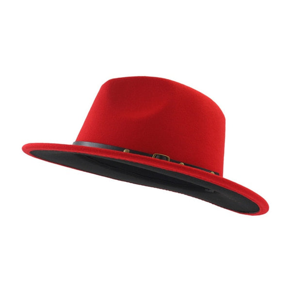 Unisex Flat Brim Wool Felt Fedora Hats with Belt Red Black Patchwork