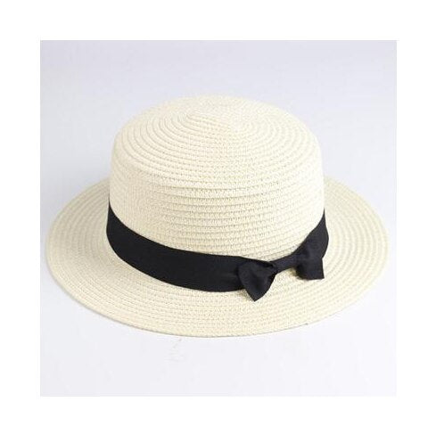 Classic Bowknot Straw Flat Sun Hat Women Fedora