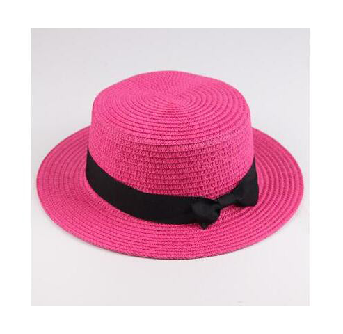 Classic Bowknot Straw Flat Sun Hat Women Fedora