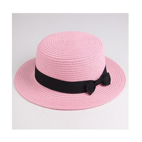 Classic Bowknot Straw Flat Sun Hat Women Fedora