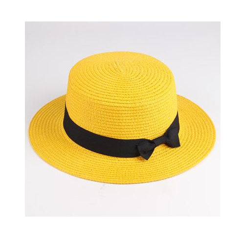 Classic Bowknot Straw Flat Sun Hat Women Fedora