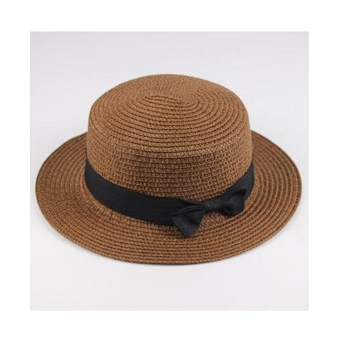 Classic Bowknot Straw Flat Sun Hat Women Fedora