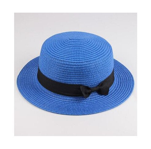 Classic Bowknot Straw Flat Sun Hat Women Fedora
