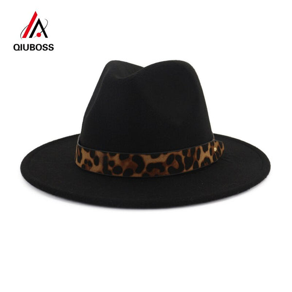 Wool Felt Jazz Fedora Hats with Leopard Grain Belt