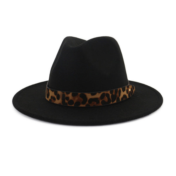 Wool Felt Jazz Fedora Hats with Leopard Grain Belt