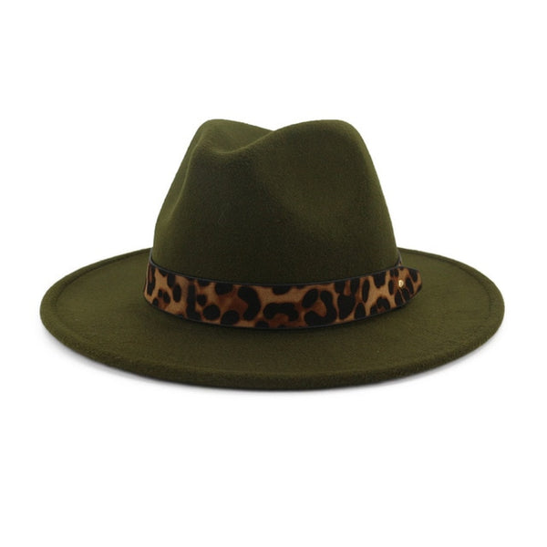 Wool Felt Jazz Fedora Hats with Leopard Grain Belt