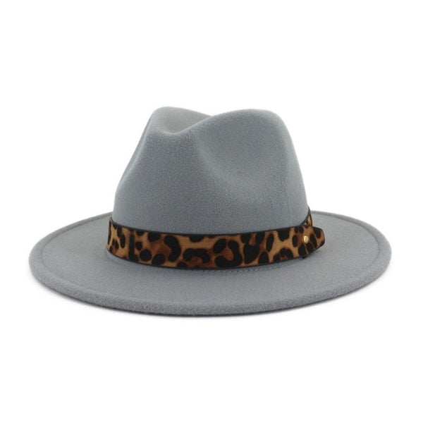 Wool Felt Jazz Fedora Hats with Leopard Grain Belt