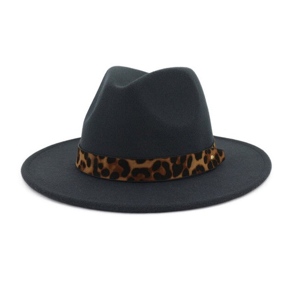 Wool Felt Jazz Fedora Hats with Leopard Grain Belt