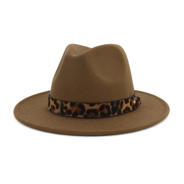 Wool Felt Jazz Fedora Hats with Leopard Grain Belt