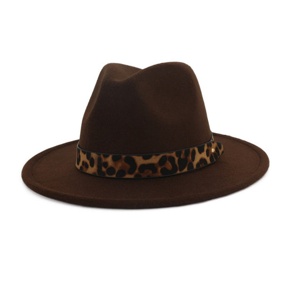 Wool Felt Jazz Fedora Hats with Leopard Grain Belt