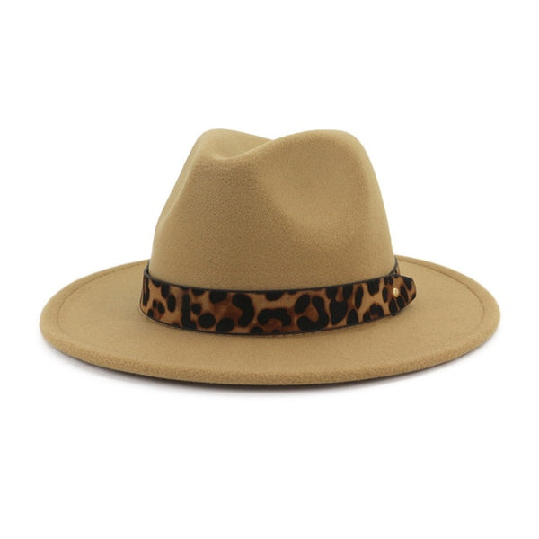 Wool Felt Jazz Fedora Hats with Leopard Grain Belt