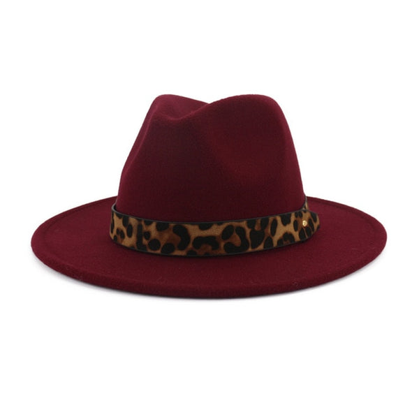 Wool Felt Jazz Fedora Hats with Leopard Grain Belt