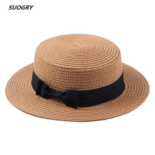 Classic Bowknot Straw Flat Sun Hat Women Fedora