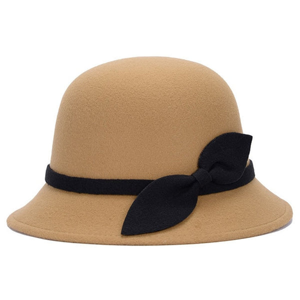 women hat bowknot  Fedoras cap Basin of dome woolen cloth hat