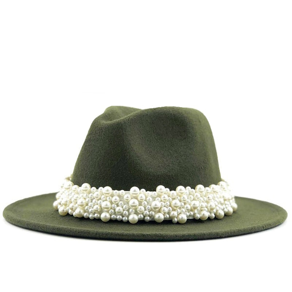 New Women Wool Fedora Hat With Pearl Ribbon Elegant Lady