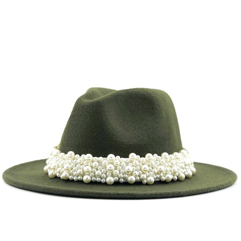New Women Wool Fedora Hat With Pearl Ribbon Elegant Lady
