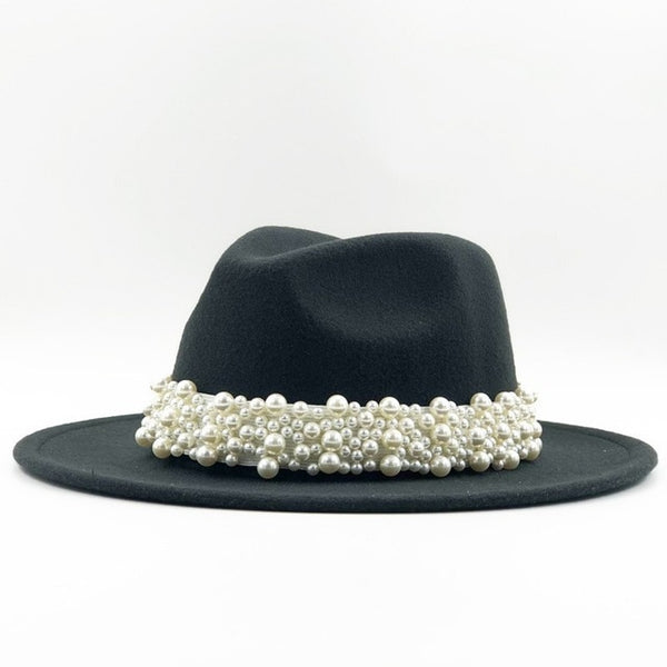 New Women Wool Fedora Hat With Pearl Ribbon Elegant Lady