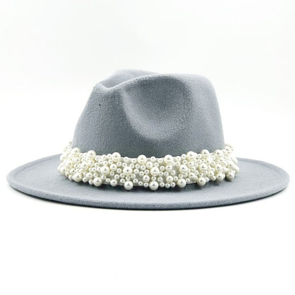 New Women Wool Fedora Hat With Pearl Ribbon Elegant Lady