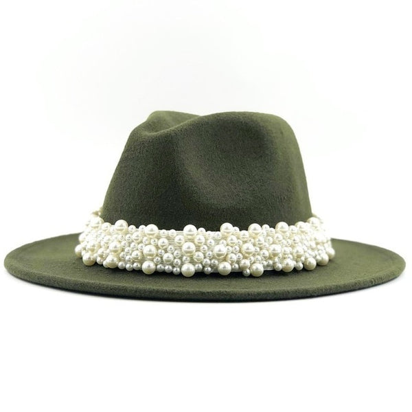 New Women Wool Fedora Hat With Pearl Ribbon Elegant Lady