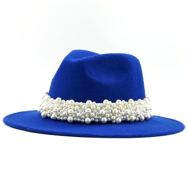 New Women Wool Fedora Hat With Pearl Ribbon Elegant Lady
