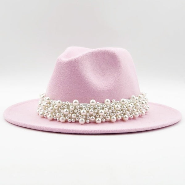 New Women Wool Fedora Hat With Pearl Ribbon Elegant Lady