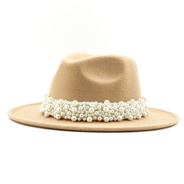 New Women Wool Fedora Hat With Pearl Ribbon Elegant Lady