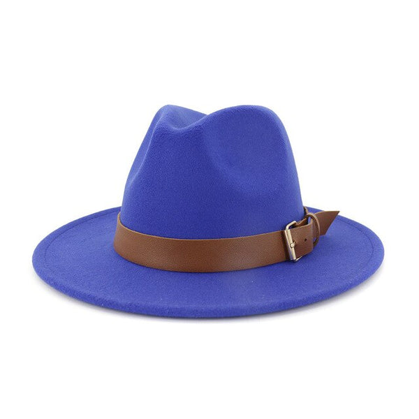 Fashion Men Women Wide Brim Wool Fedora Hat with Belt Buckl