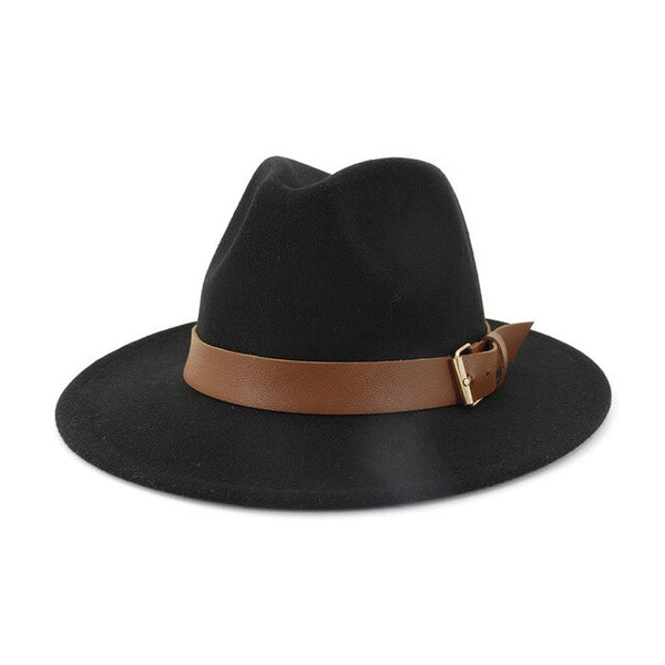 Fashion Men Women Wide Brim Wool Fedora Hat with Belt Buckl